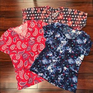Bundle 3 Scrub Tops Patriotic Red White Blue 4th of July Dickies Stars Paisley